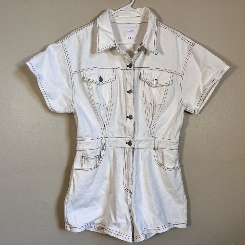 Le Lis Womens Romper Jumpsuit Shorts Size L Cream Denim Y2K Retro Coquette Pinup